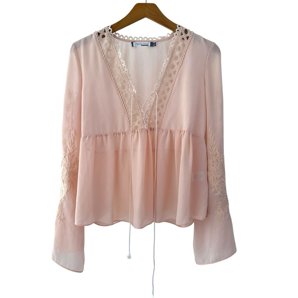 Runway Couture Boho Light Pink Lace Trim Gauze Bell Sleeves Crochet Cottagecore